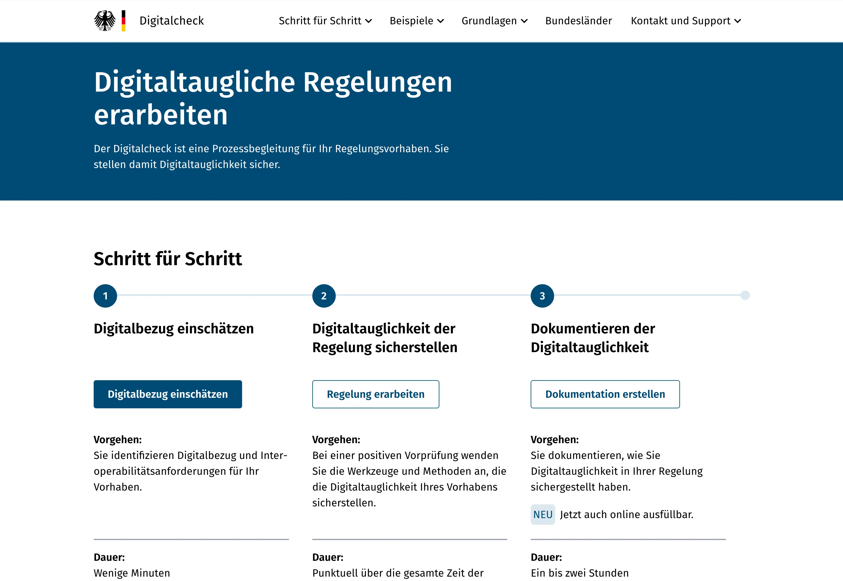 Screenshot der Digitalcheck-Startseite, wo der Prozess zu Digitaltauglichkeit in drei Schritten dargestellt ist